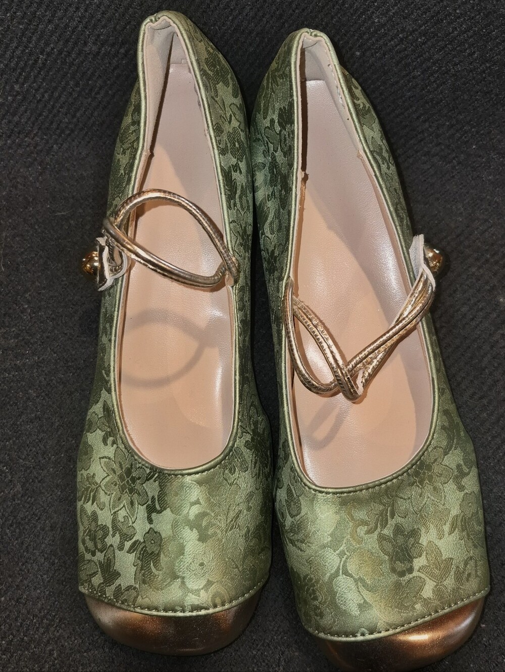 Snazzy Green Gold Floral Shoes, Short Heel, Mary Jane Style.